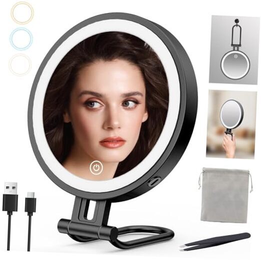 Portable Rechargeable Travel Makeup Mirror with Lights 1X/10X Magnification 3000mAh Battery in Black