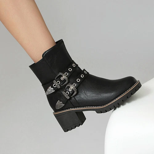 Women Booties Mid Chunky Heel Round Toe Zip Up Casual Buckle Fashion Ankle Boots - Bild 4 von 29