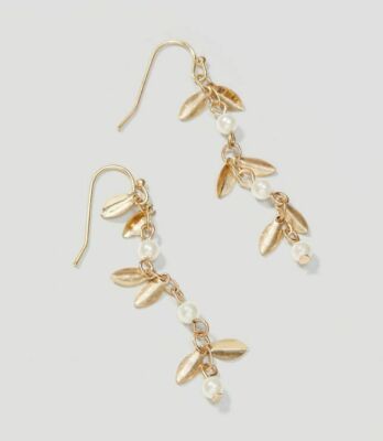 Ann Taylor LOFT WOmen's Gold Bead Pearlized Leaf Drop Earrings NWT 39.99