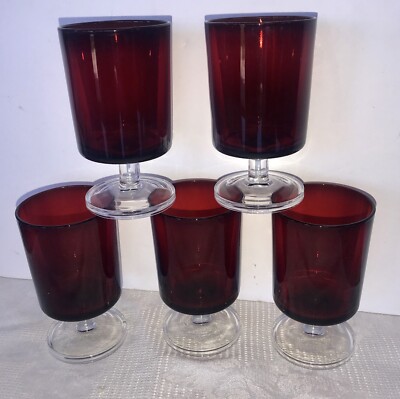 RUBY RED WINE GOBLETS CLEAR FOOTED STEM 4.5  Lot Of 5 VINTAGE ARCOROC FRANCE EUC