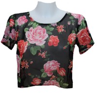 Damen Bluse Crop Top Kurzbluse Blumen Schwarz Bunt Love Gr. M 38 Neu