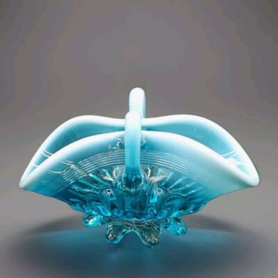 Antique 1890's English George Davidson Blue Pearline Opalescent Glass Basket