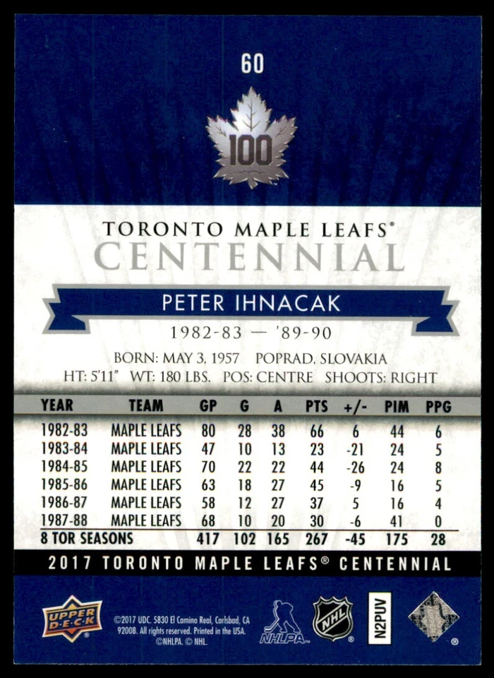 2017-18 Upper Deck Toronto Maple Leafs Centennial Peter Ihnacak #60 - Image 2 of 2