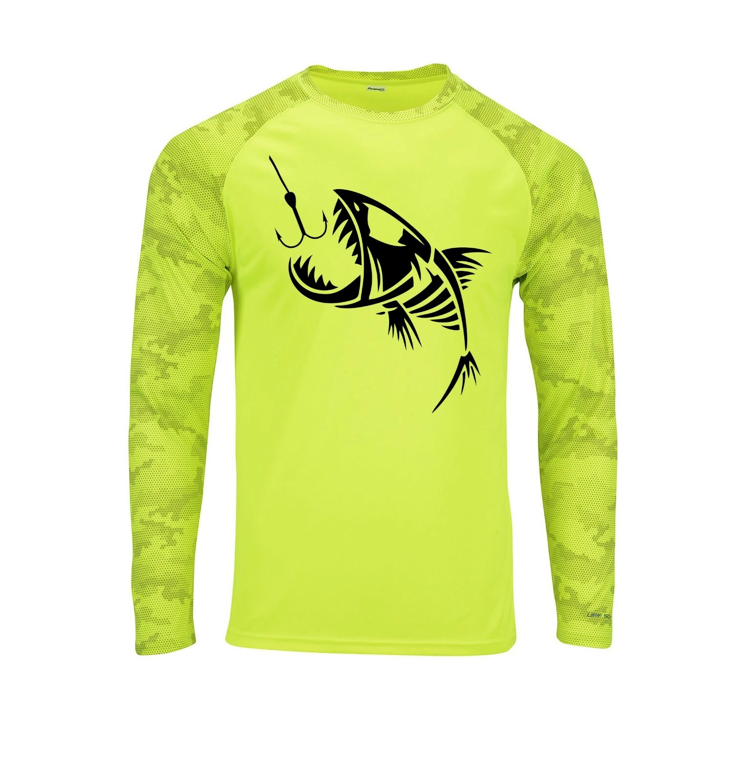 Fishing Camouflage Long Sleeve UPF 50 T-Shirt Boat UV Protection Fish Bones Hook