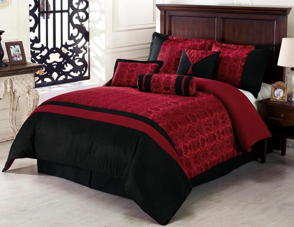 Chezmoi Collection Oriental Inspired 7-Piece Black Red Jacquard Comforter Set - Image 2 of 4