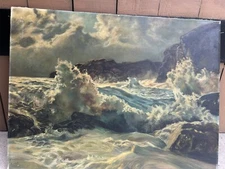 1900s Maude Smith Oil Painting Rare Gem 36 X27”/42.5 X34.5 Crashing Waves Coast