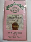 Vintage Cabbage Patch Kids Birth Certificate And Adoption Papers. Jaime Destiny