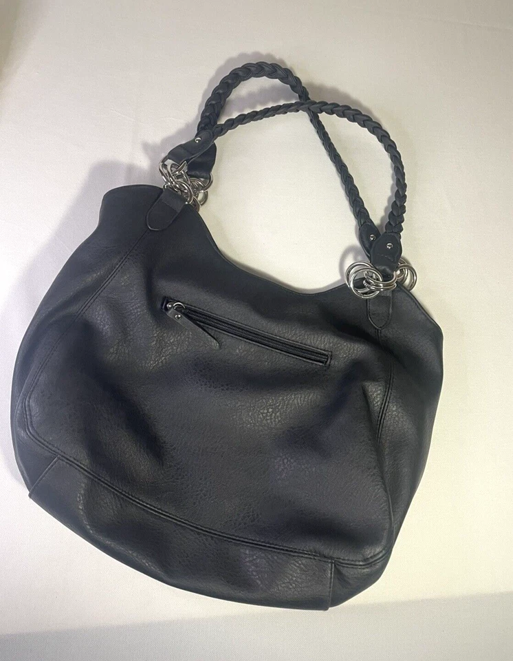 Bolso de Hombro Rosetti Negro Correas Trenzadas, 2 Cremallera Frontal/1 Bolsillo Trasero con Cremallera Foto 2 de 4
