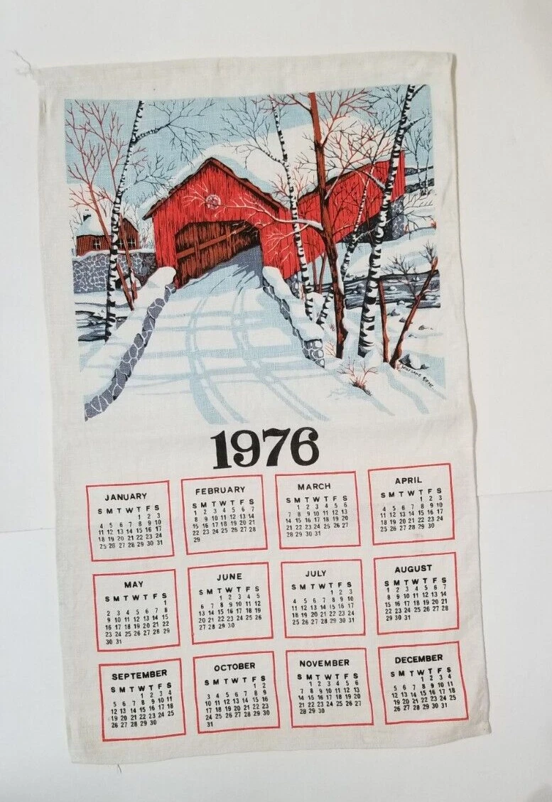 1976 Cloth Wall Calendar Hanging Covered Bridge Winter Snow Scene Vintage |  eBay