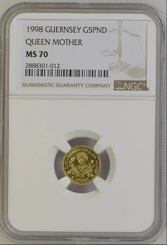 Only 1 TopPop! 1998 Guernsey Gold 5 Pounds Queen Mother NGC MS 70 !