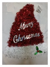 Christmas Tinsel Santa Hat Decoration Red White Merry Christmas Sign