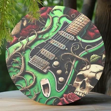 Green Guitar Skull Rose Aluminum Art 8x8 Inch