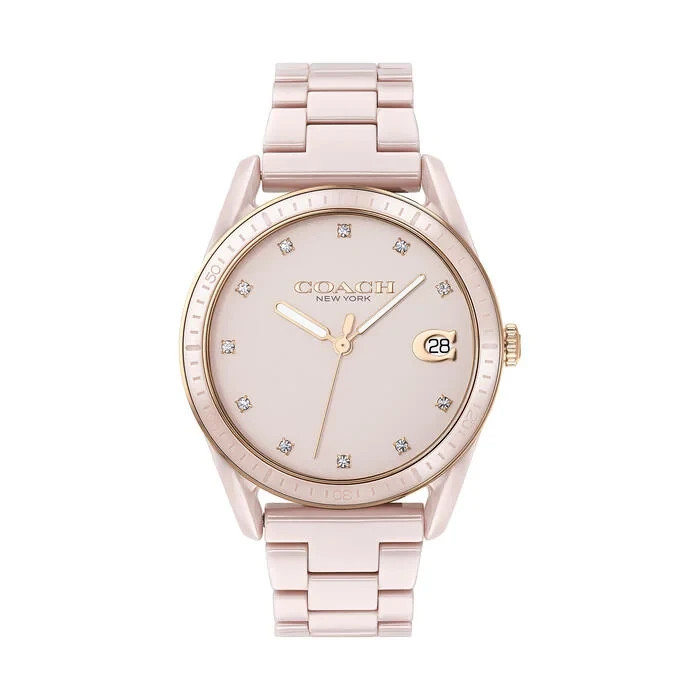 Coach Preston 14503264 Pink Ceramic Band Swarovski Crystal Date