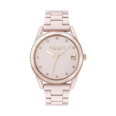 Coach Preston 14503264 Pink Ceramic Band Swarovski Crystal Date
