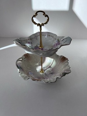 2 Tier Trinket Dish - Custom Made with Vintage Hand Painted Pieces