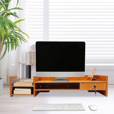 Wood Computer Monitor Stand W/Drawers Office Desktop Storage PC Holder Stand