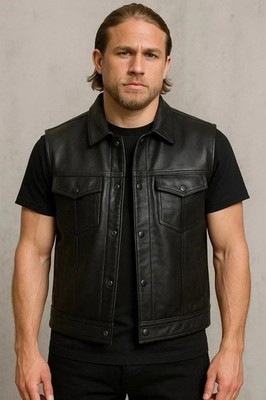 Men s Black Biker Cafe Racer Moto Vest Real SheepSkin Leather Vest Slim Fit Coat