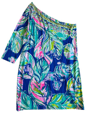 Lilly Pulitzer Womens Sz XL Petra One-Shoulder Dress Blue & Pink Tropical Prin