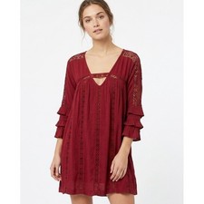 American Eagle Mini Dress Women XS Burgundy Boho Crochet Lace V-Neck Long Sleeve