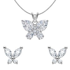 Womens 925 Silver Studded Butterfly Solitaire Necklace Pendant Earrings Set 92.