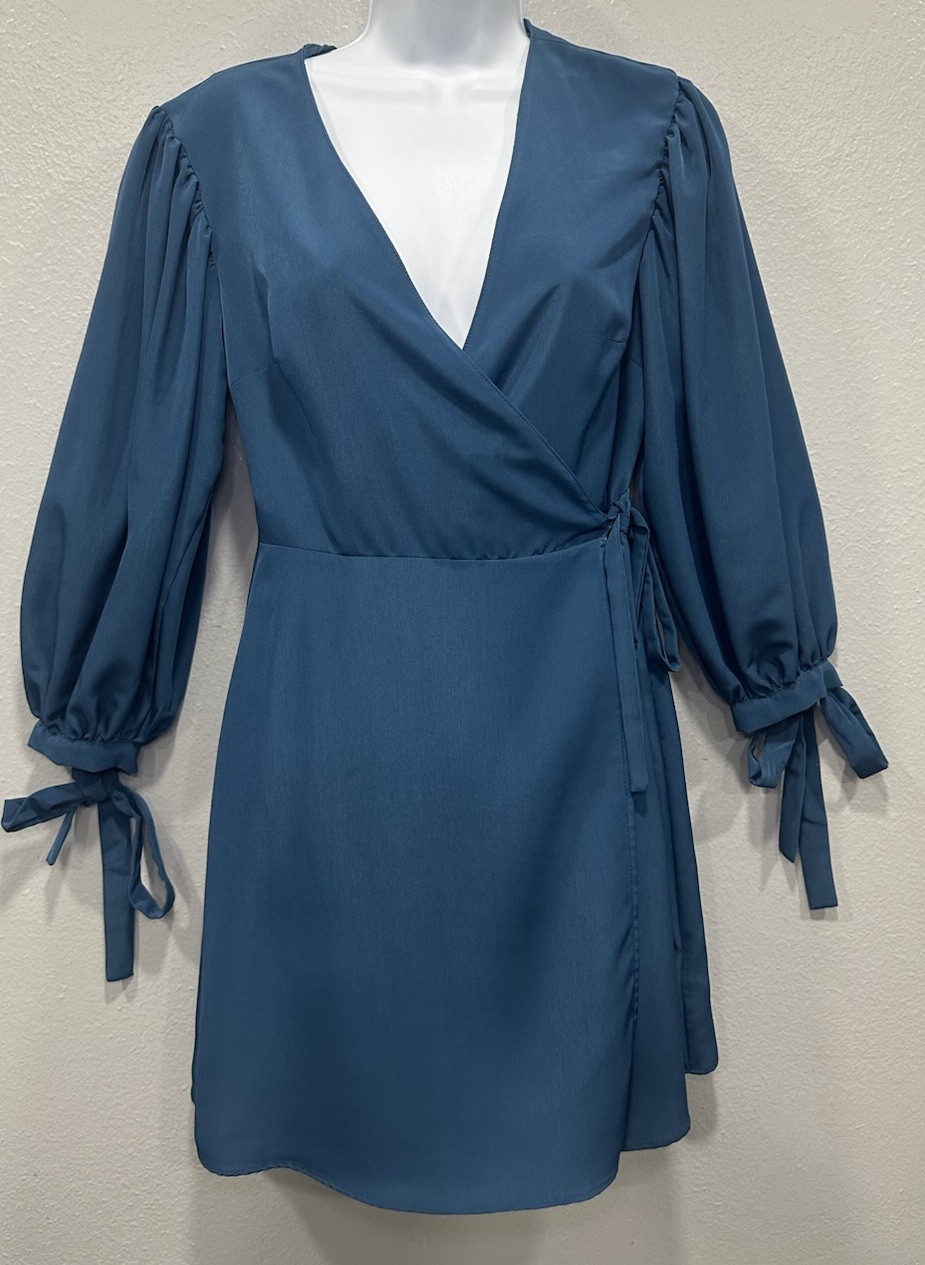 Topshop Mini Dress Size  6 Blue Wrap Dress Belted 3/4 Sleeves