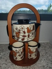 Vega By Artesa Coffee/ Tea Set With Wood Stand Handmade In Ecuador