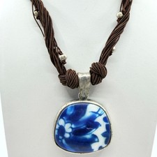 Necklace Silver Tone Blue White Floral Stone Pendant Brown Multi Strand Cord 90s