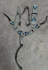 NEW 4pc Showman Woven Rope Tack Set! Dark Oil Leather - Brown White Turquoise