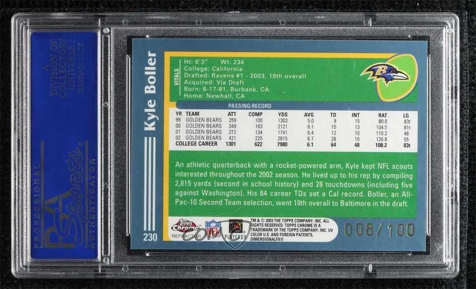 2003 Topps Chrome Black Refractor /100 Kyle Boller #230 PSA 10 GEM MT Rookie RC - Image 2 of 2