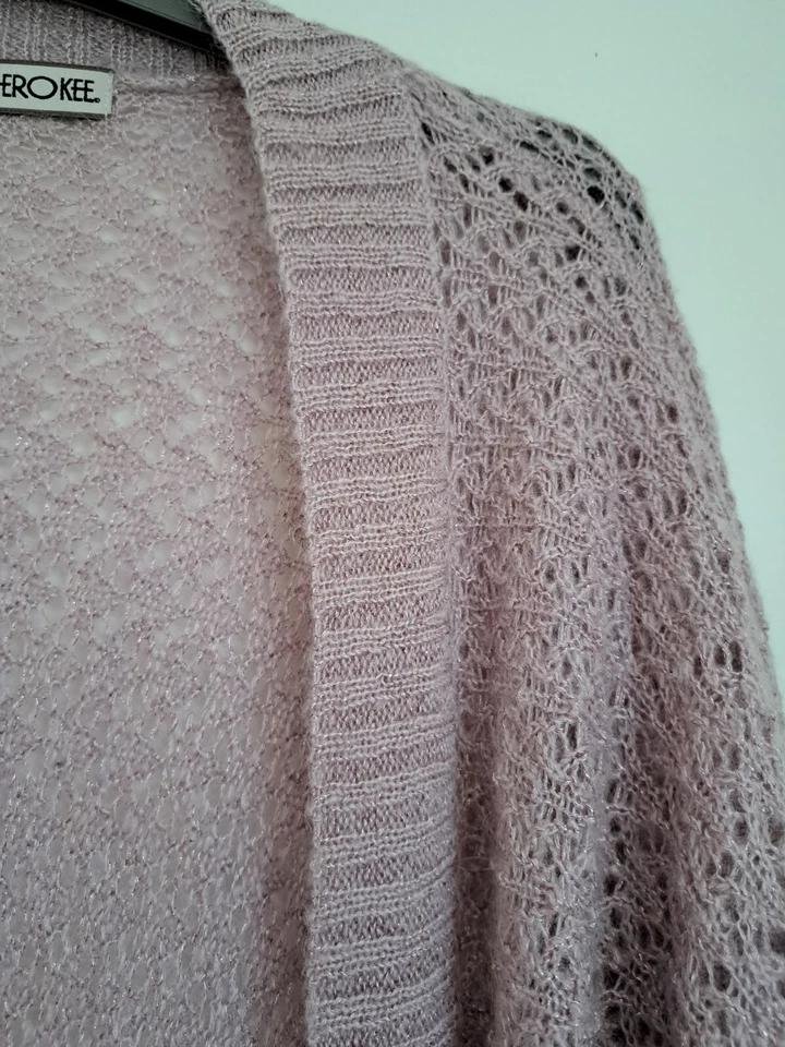 Mohair Blend Waterfall Cardigan Pink Blush Sparkle UK 20 Open Knit 3/4 Sleeve - Image 3 of 4