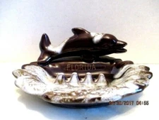 Florida Ceramic Ashtray Small Brown White Dolphin Glazed 