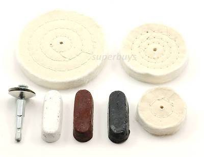 7pc White Cloth Buffing Wheel Kit 50 75 100mm Mandrel & Polishing Compound Bit