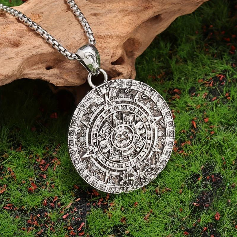 Maya Kalender Anhänger Edelstahl Kette Antik Look Azteken Sonnenstein Halskette