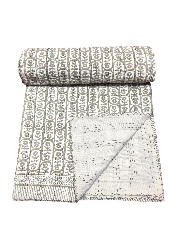 Block Print Kantha Quilt Cotton Indian Bedspread Handmade Bedding Blanket Throw - Image 2 of 4