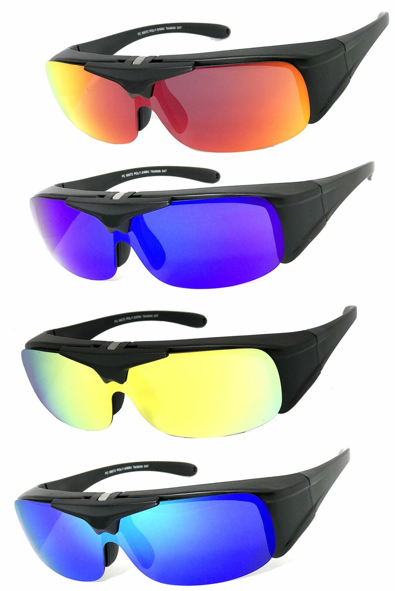 2 Pair Combo Polarized FLIP UP FIT OVER Shiny Black Frame Mirror