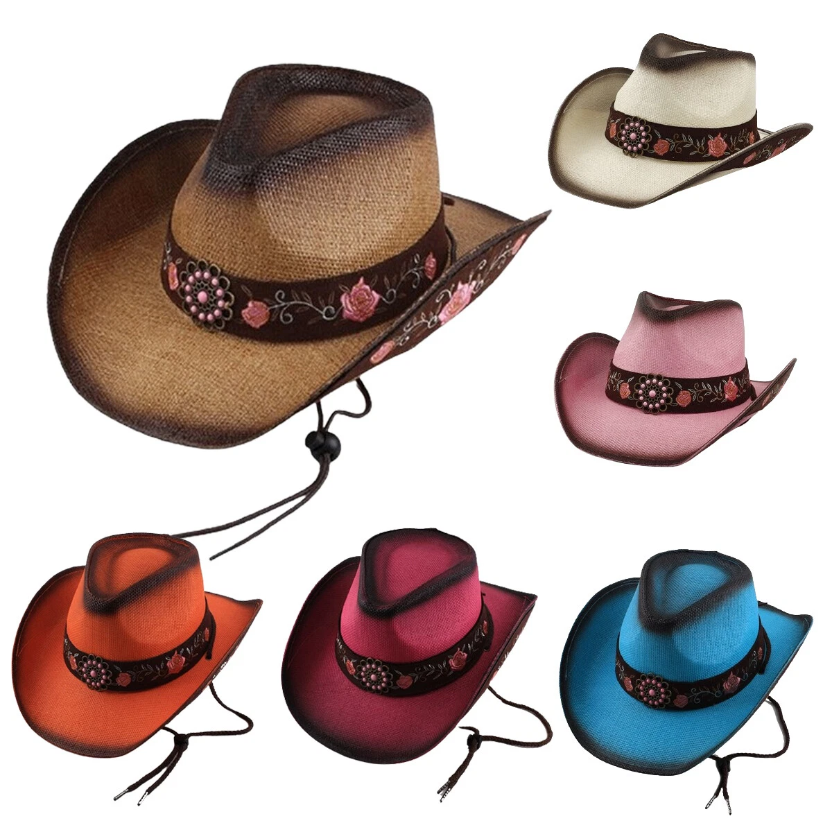 Vintage Cowgirl Hat Pink Flower Straw Western Party Concert Women's Cowboy Hat
