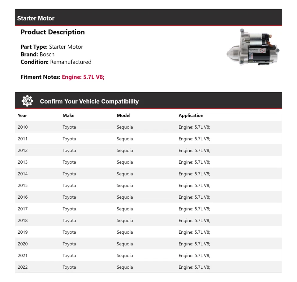 For 2010-2022 Toyota Sequoia 5.7L V8 Bosch Starter (Remanufactured) 2011 2012 - Image 2 of 4