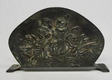 Vintage napkin holder silver tone metal embossed roses letter holder 3"