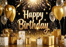 7x5FT Black and Gold Happy Birthday Backdrop Glitter Balloon and Fireworks Photo