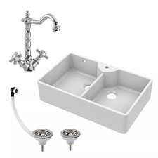 895mm Double Bowl Fireclay Butler Kitchen Sink - With Overflow, Classic Tap & Wa