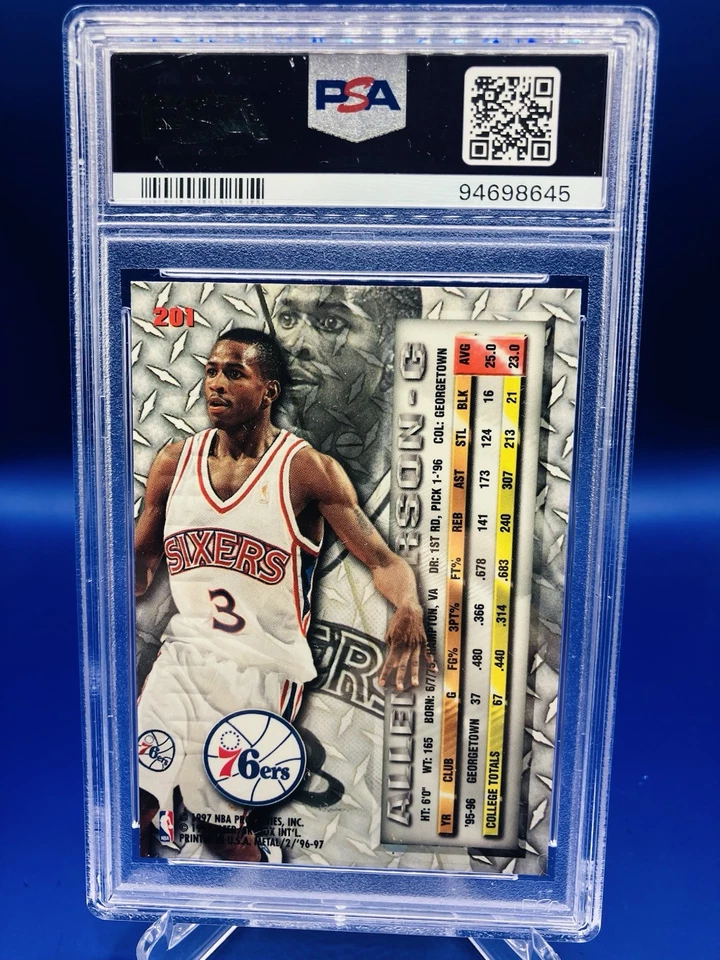 1996 Skybox Metal Аллен Айверсон дебютант RC #201 76ers PSA - Изображение 2 из 2