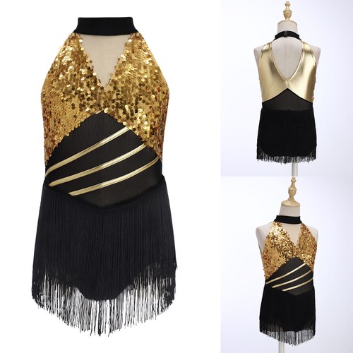 Mädchen Standardtanz Glitzer Latein Kleid Fransen Cha Cha Tanzkleid Kostüm   - Picture 6 of 54