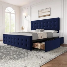 King Size Bed Frame with 4 Drawers and Adjustable Headboard,Strong Wooden Slats