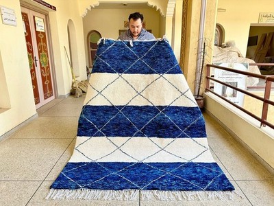 Handwoven Custom Moroccan Berber Wool Rug Color Blue and White Area Carpet Rug