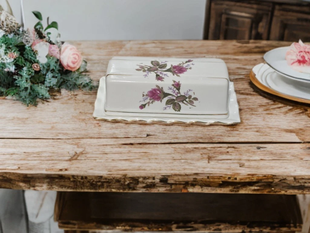 Moss Rose ceramic covered butter dish
