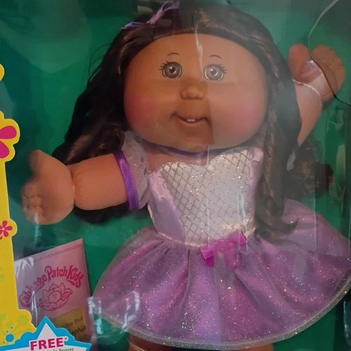 Cabbage Patch Kids Girl Doll Brown Wavy Hair Purple Dress Soft Body