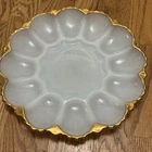 Vintage Anchor Hocking White Milk Glass Deviled Egg Dish Plate Platter Gold Rim