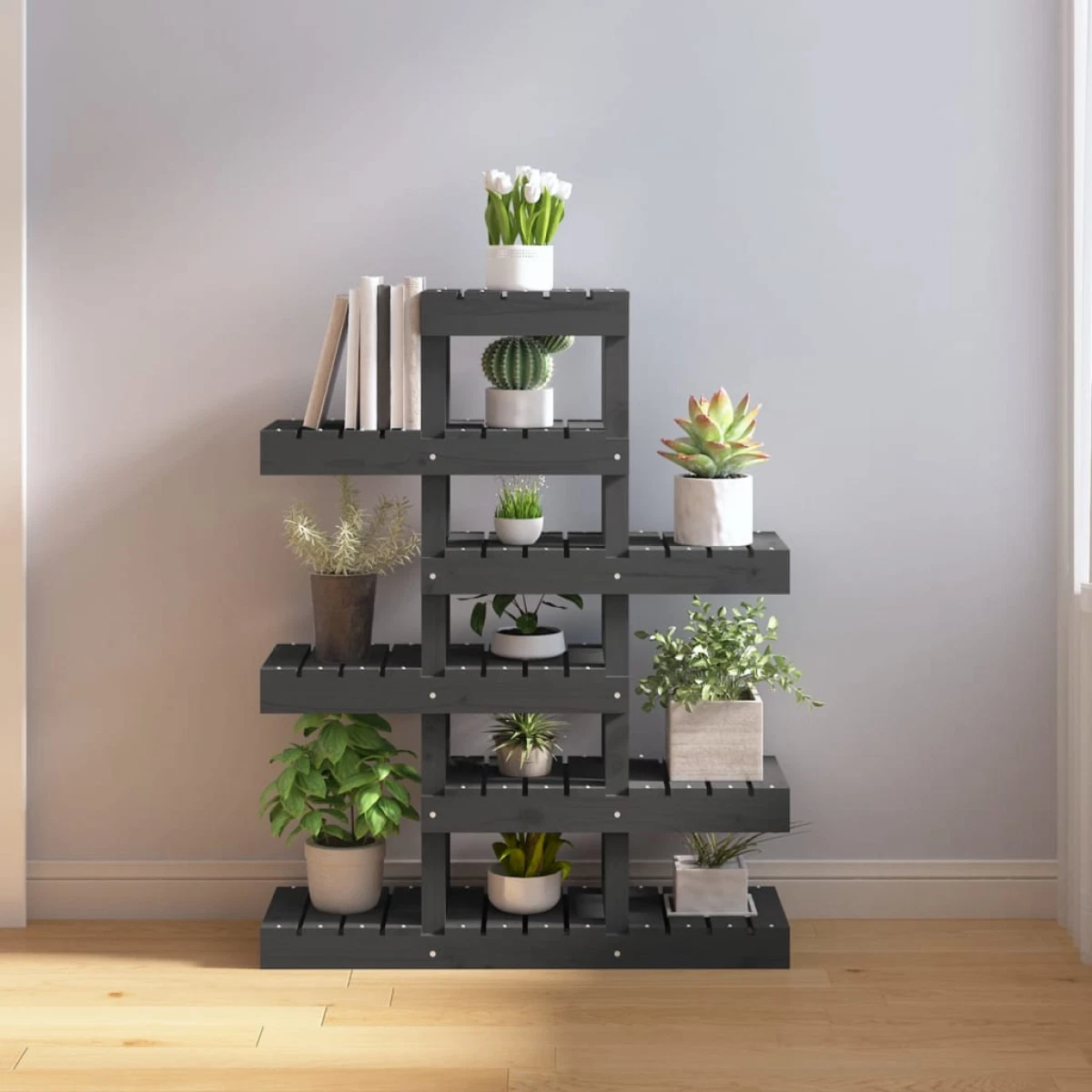 Plant Stand Grey Pine Solid Wood 85x25x109.5cm Multi-Tier Rustic Shelf IndoorUse