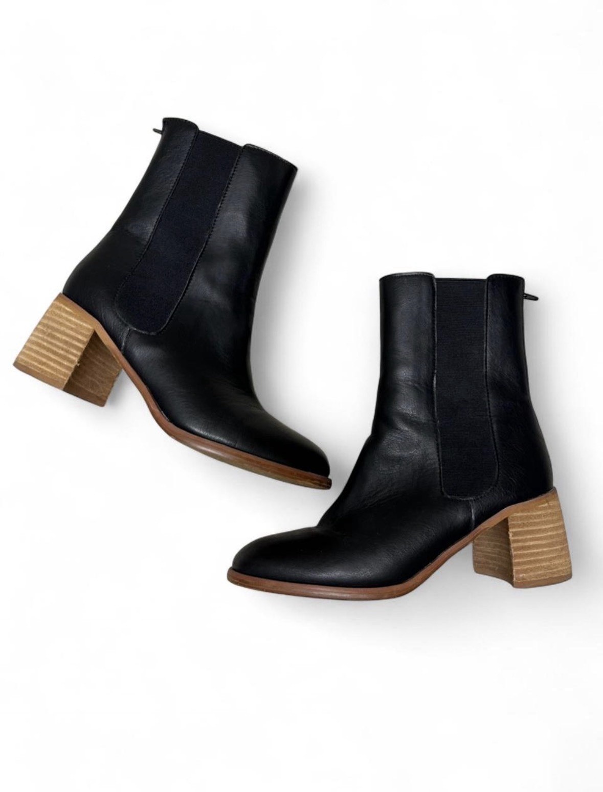 Oasis Society Black Faux Leather Chelsea Boots Size 8 Block Heel Ankle Zip Boho