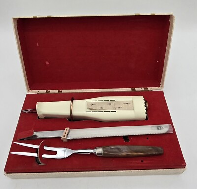 Chef Mate Vintage Electric Knife Meat Fork Set Wall Mount Original Box Atomic 
